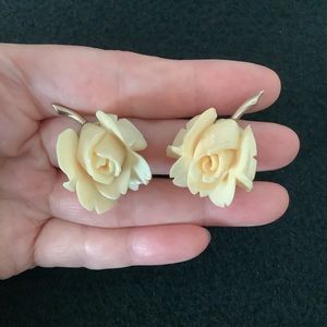 Vintage 1950 Boucher carved Ivory rose clip on earrings.